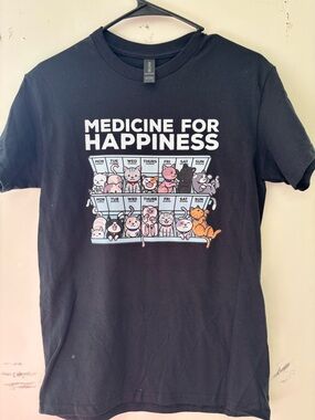Gildan Black Tee with Colorful Cartoon Cats "Medicine For Happiness"